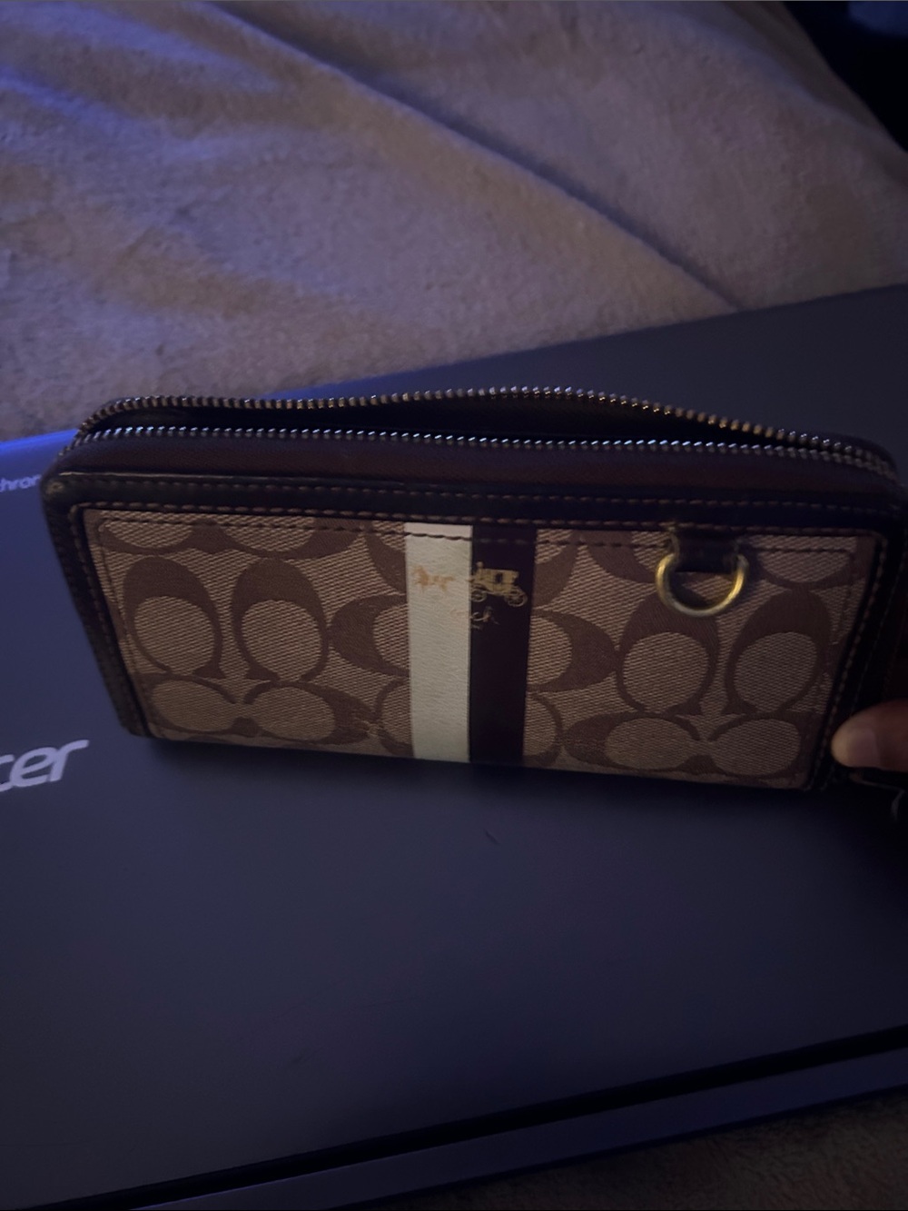 Coach Brown/Tan Signature Zip Wallet with Center Stripe